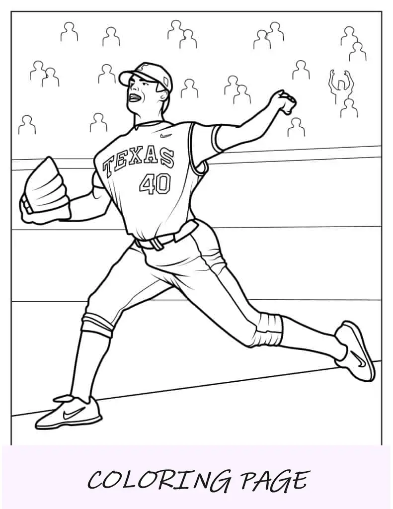 Página para colorir de arremessador jogando uma bola de beisebol