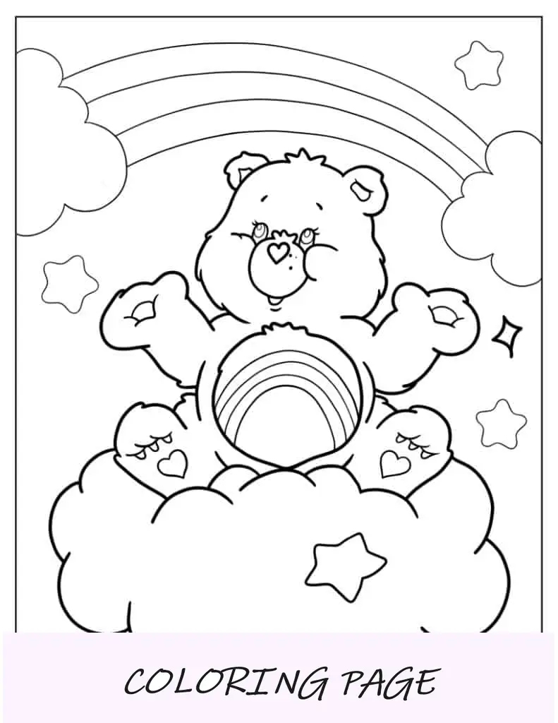 Foglio da colorare dell'orso della cura guardando l'arcobaleno