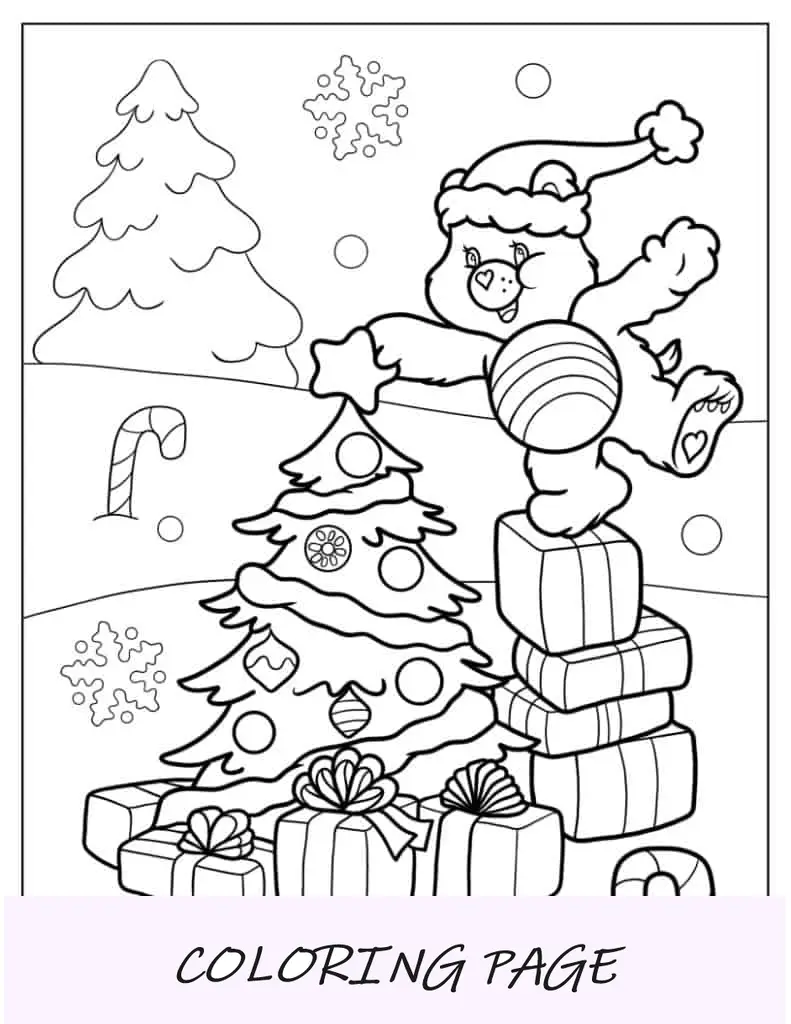 Pagina da colorare di Cheer Bear che mette la stella sull'albero di Natale