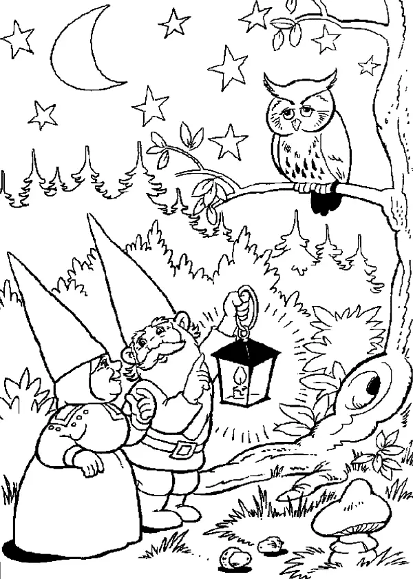 Gnome Couple And Owl Coloring Page