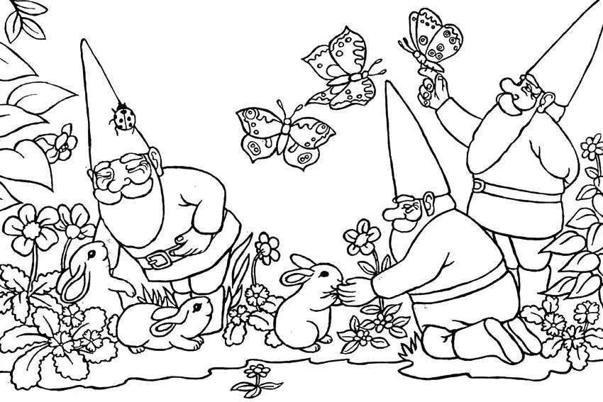 Gnomes Butterflies And Bunnies Coloring Page