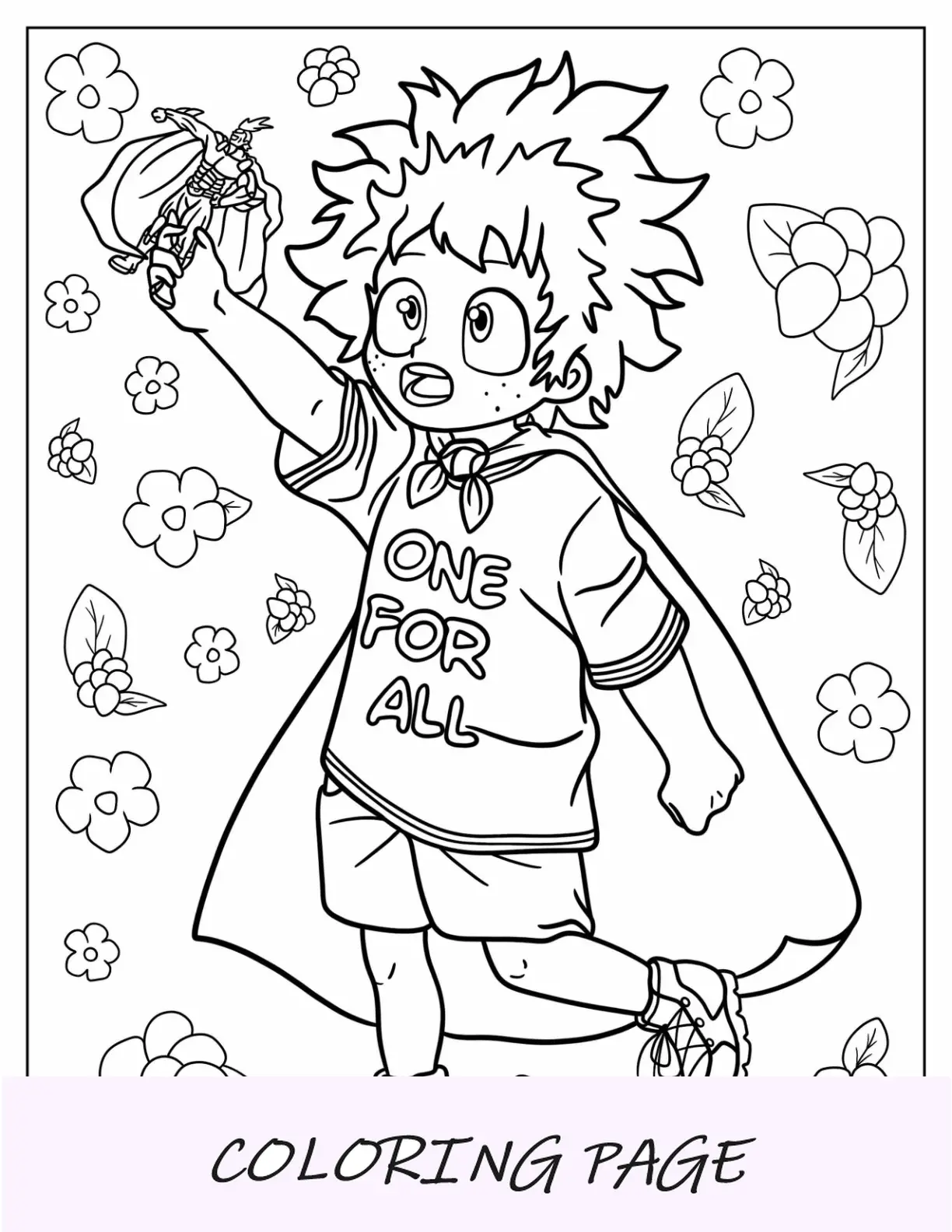 Página para colorir de My Hero Academia do jovem Izuku Midoriya brincando com um brinquedo