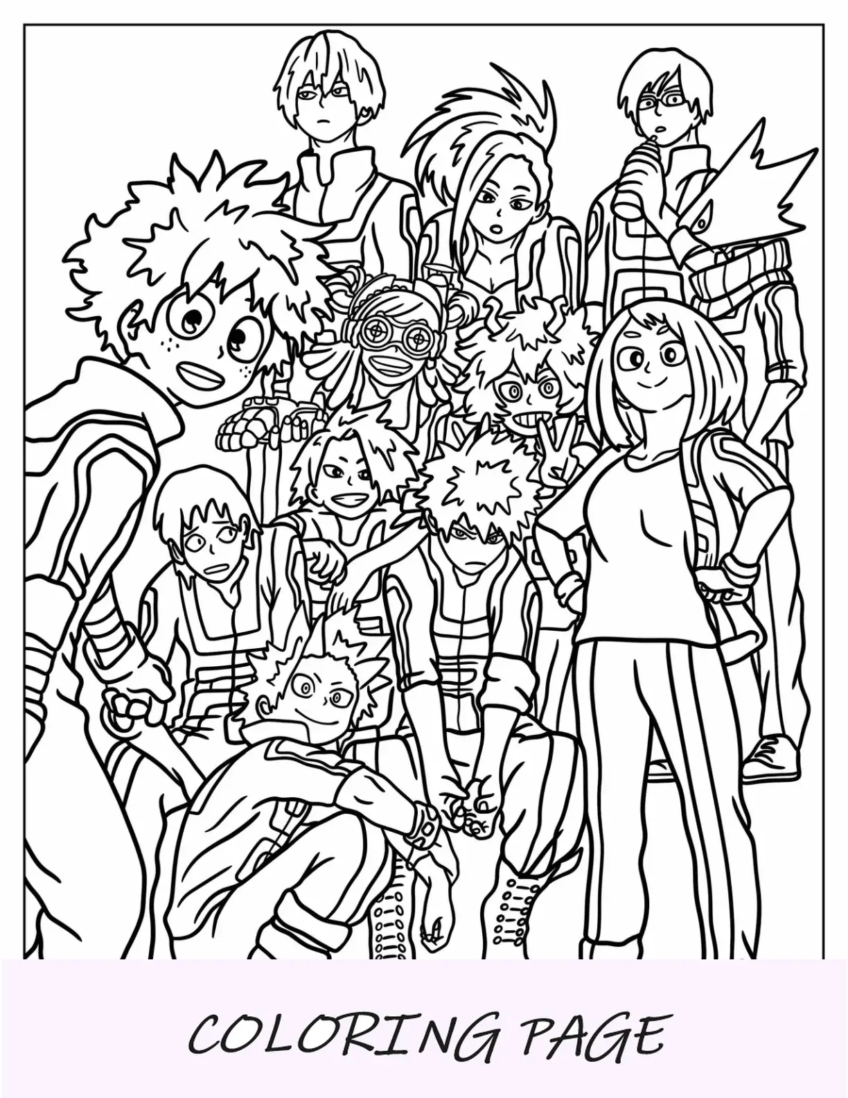 Página para colorir de My Hero Academia de Izuku, Ochako e Shouto