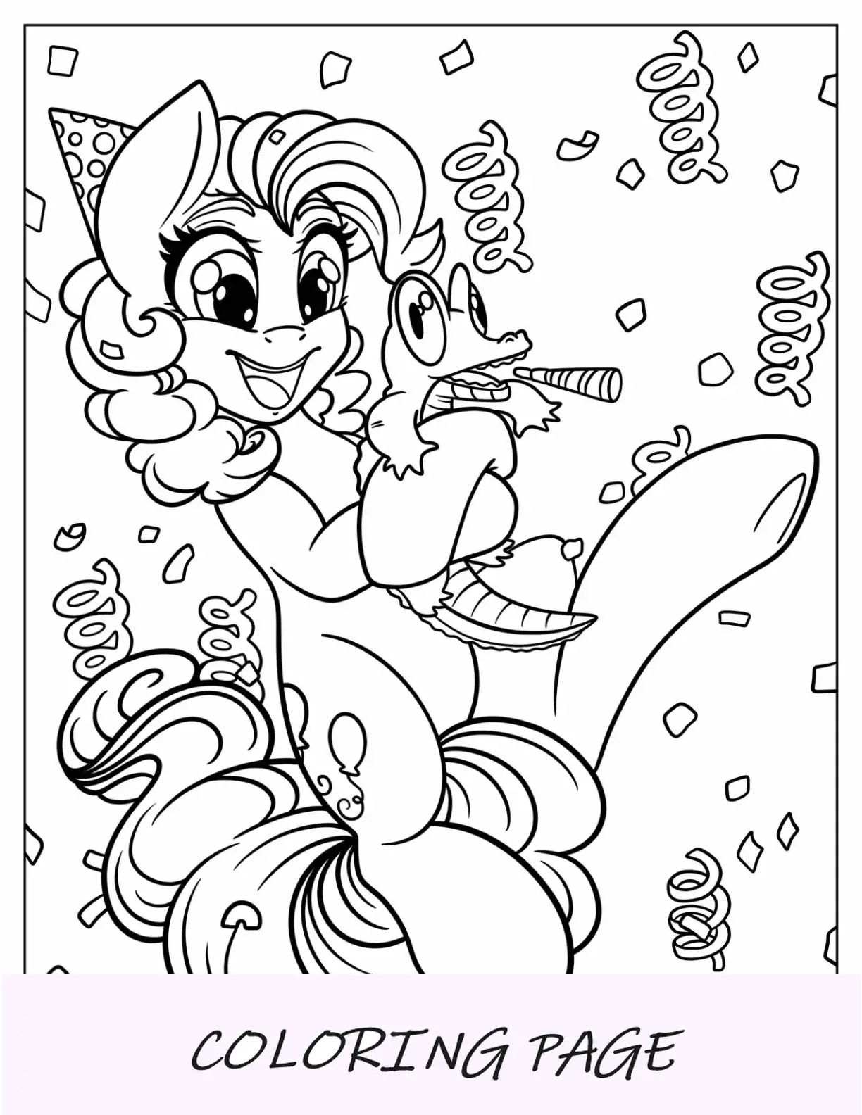 Página para colorir da aniversariante Pinkie Pie abraçando um lagarto
