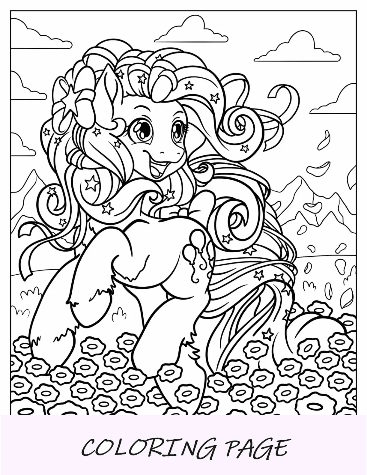 Linda página para colorir de Pinkie Pie com juba esvoaçante em um campo de flores