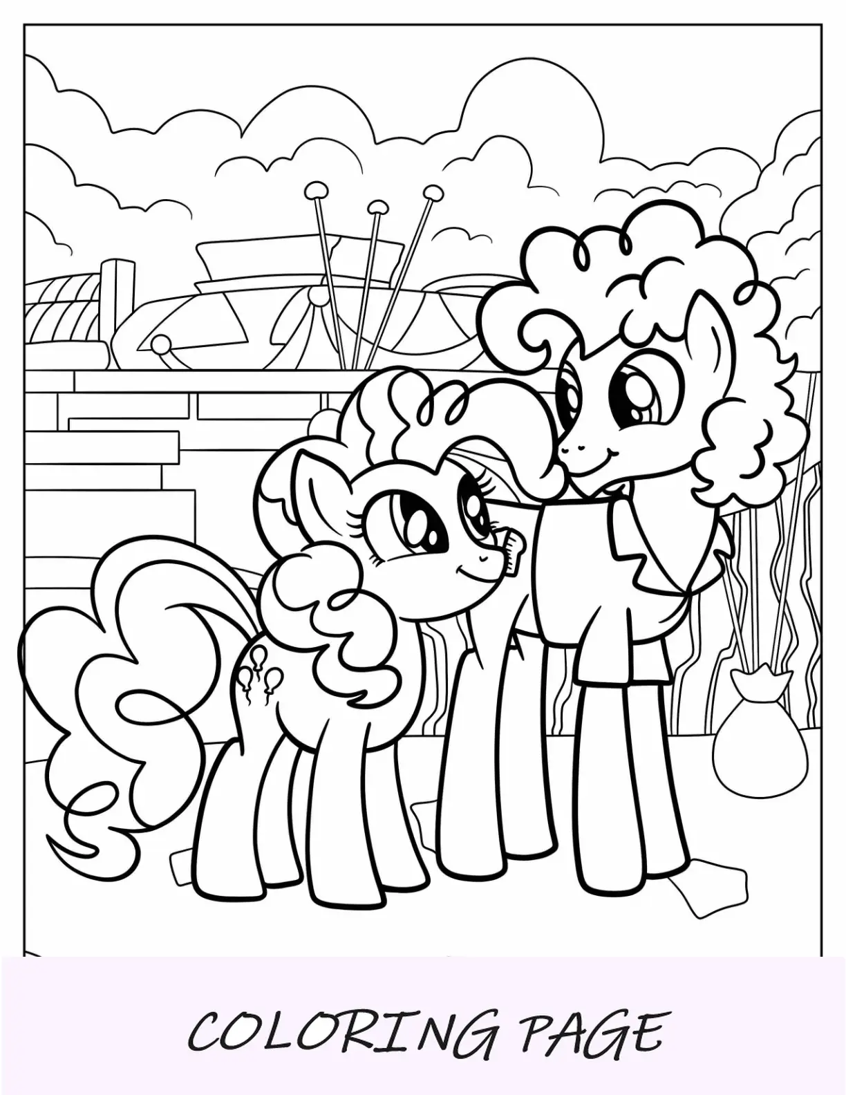 Página para colorir de Pinkie Pie sorrindo para um sanduíche de queijo