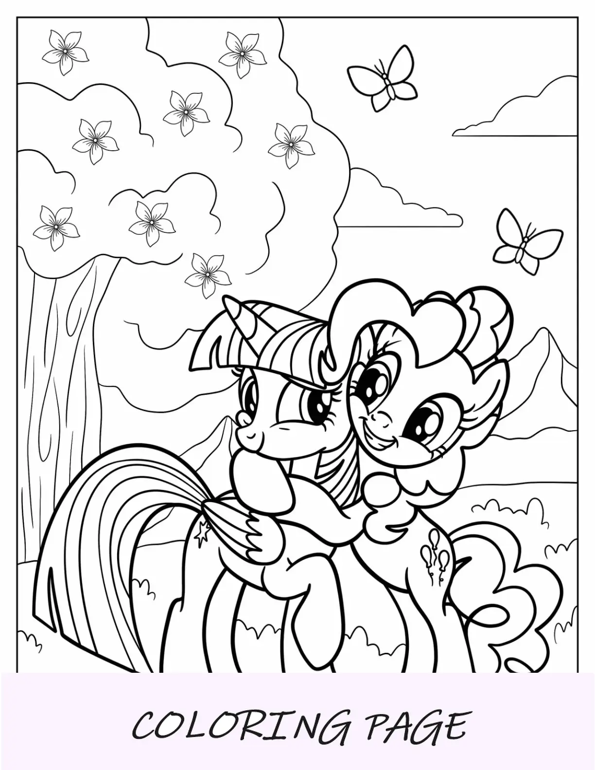 Página para colorir da Pinkie Pie abraçando Twilight Sparkle