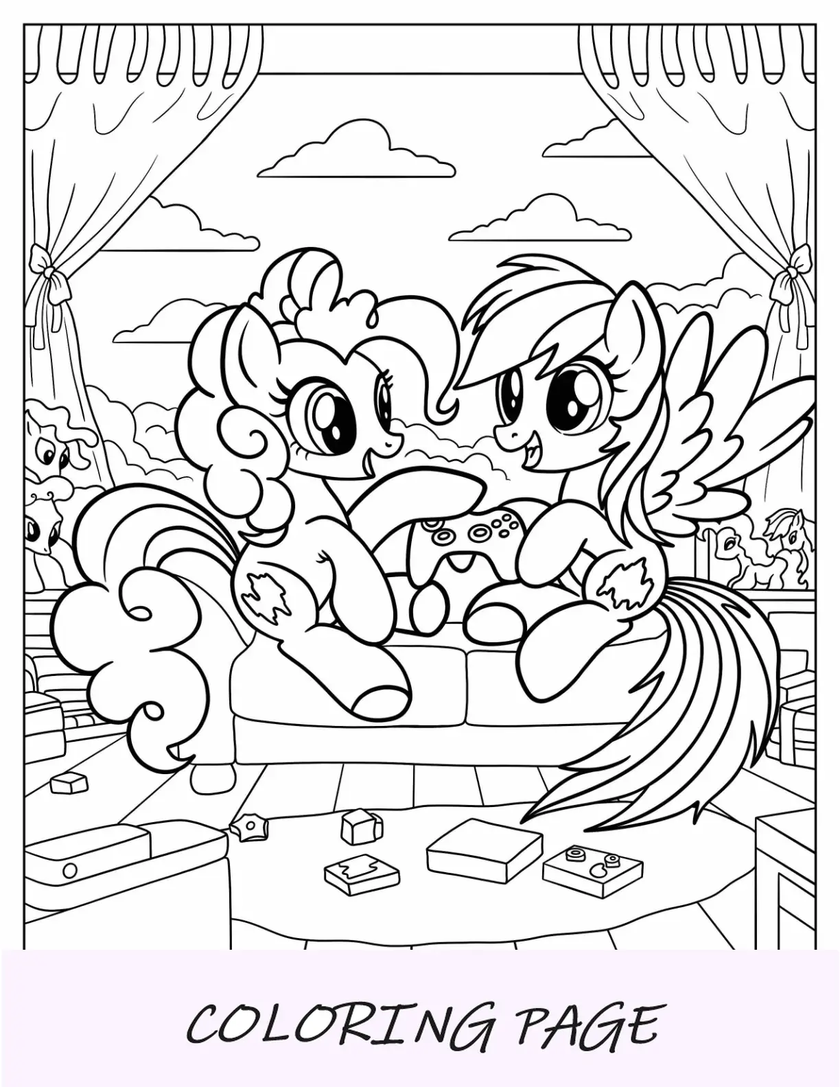 Página para colorir de Pinkie Pie e Rainbow Dash jogando videogame