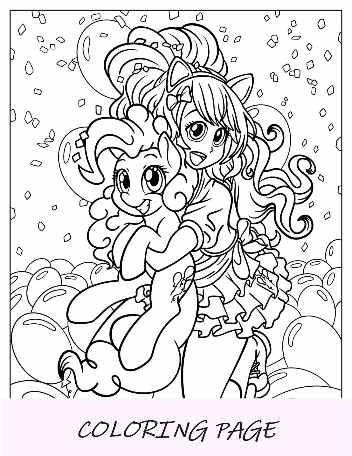 Página para colorir Pinkie Pie de Equestria Girls abraçando o pônei Pinkie Pie