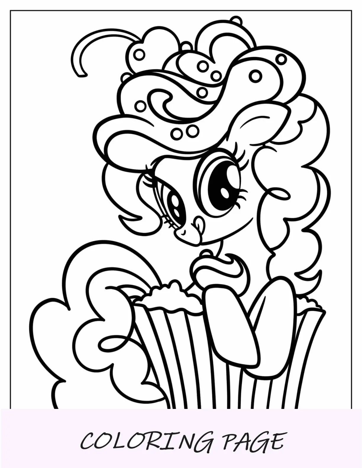 Página para colorir de Pinkie Pie com chantilly sentado em um cupcake