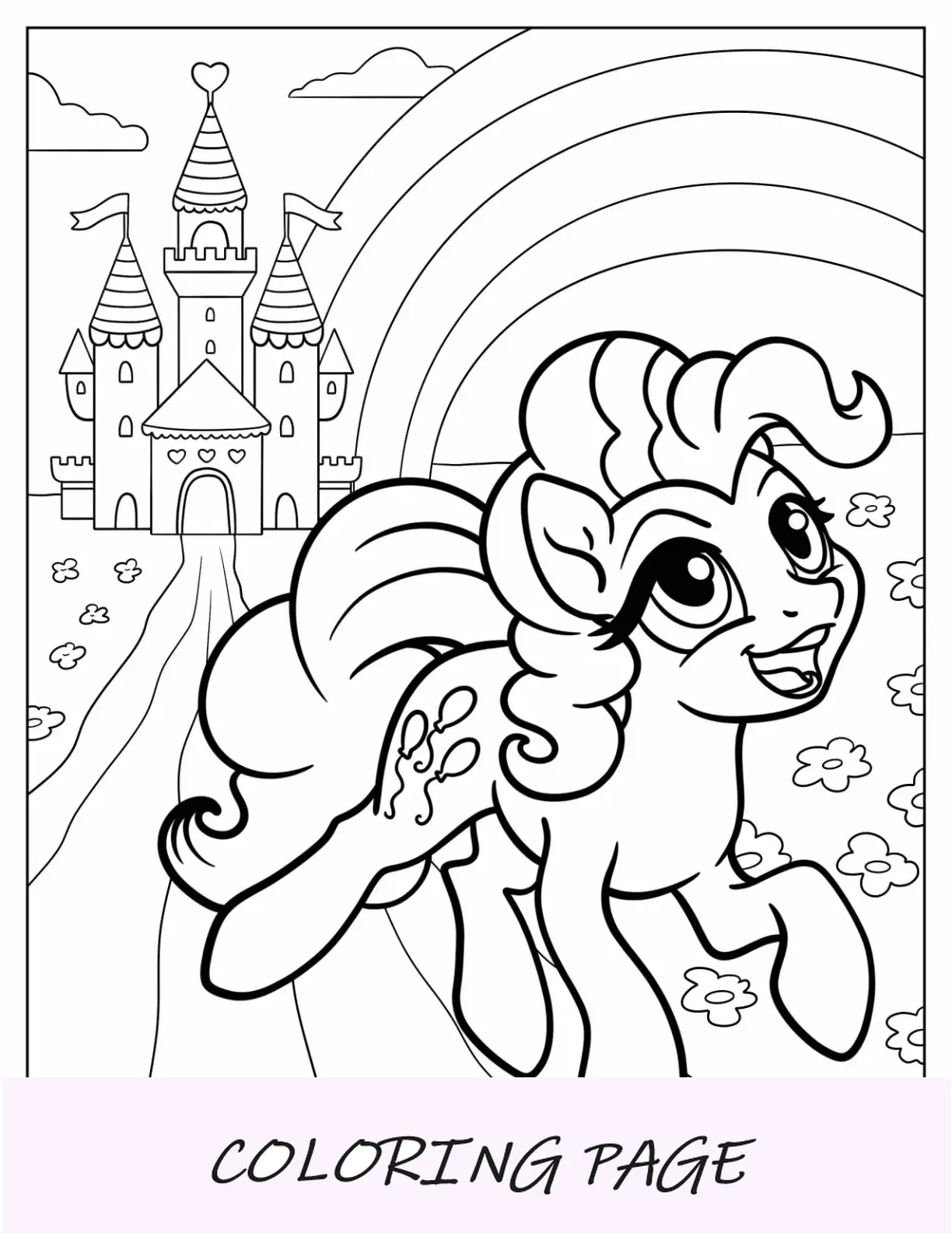 Página para colorir da Pinkie Pie trotando fora de um castelo