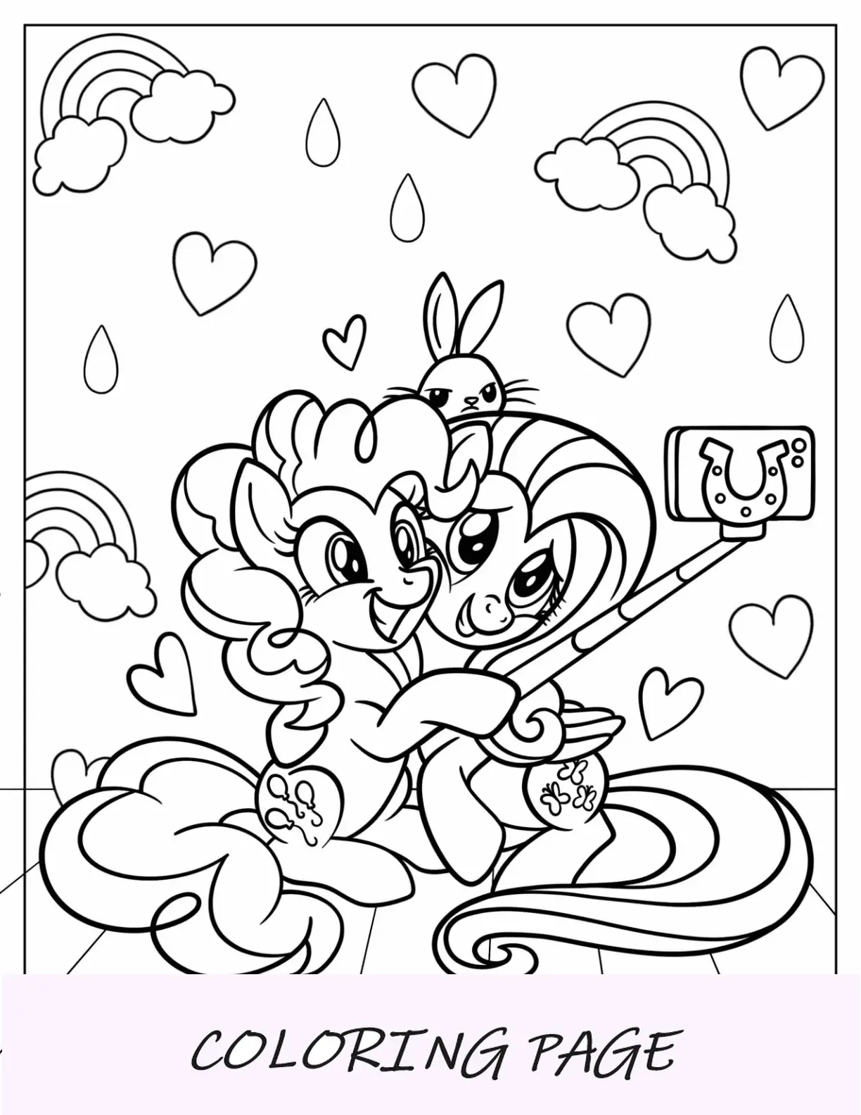 Página para colorir da Pinkie Pie tirando uma selfie com Fluttershy