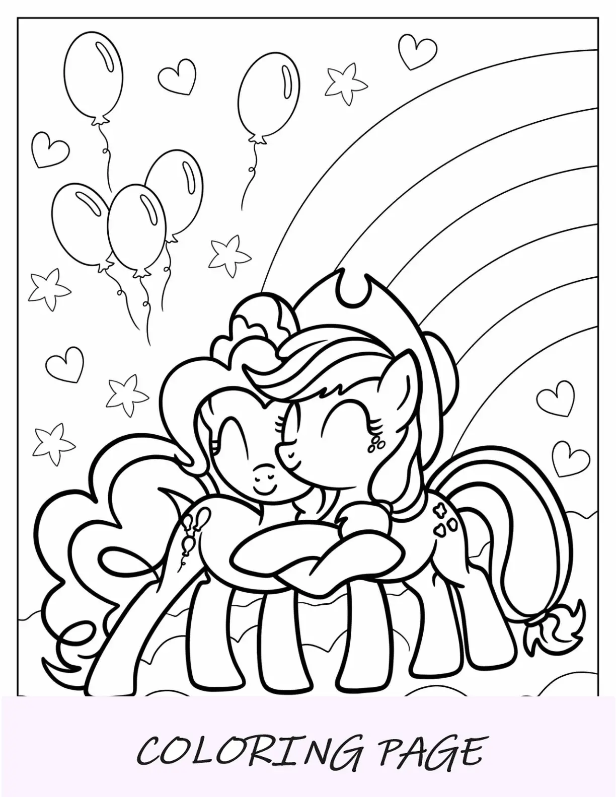 Página para colorir de Pinkie Pie e Applejack se abraçando em uma nuvem