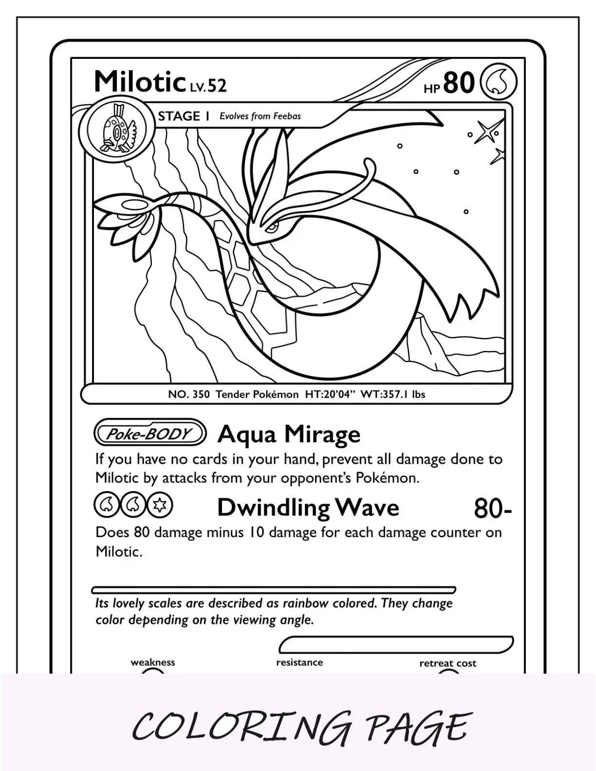Página para colorir de cartas Pokémon Milotic Aqua Mirage