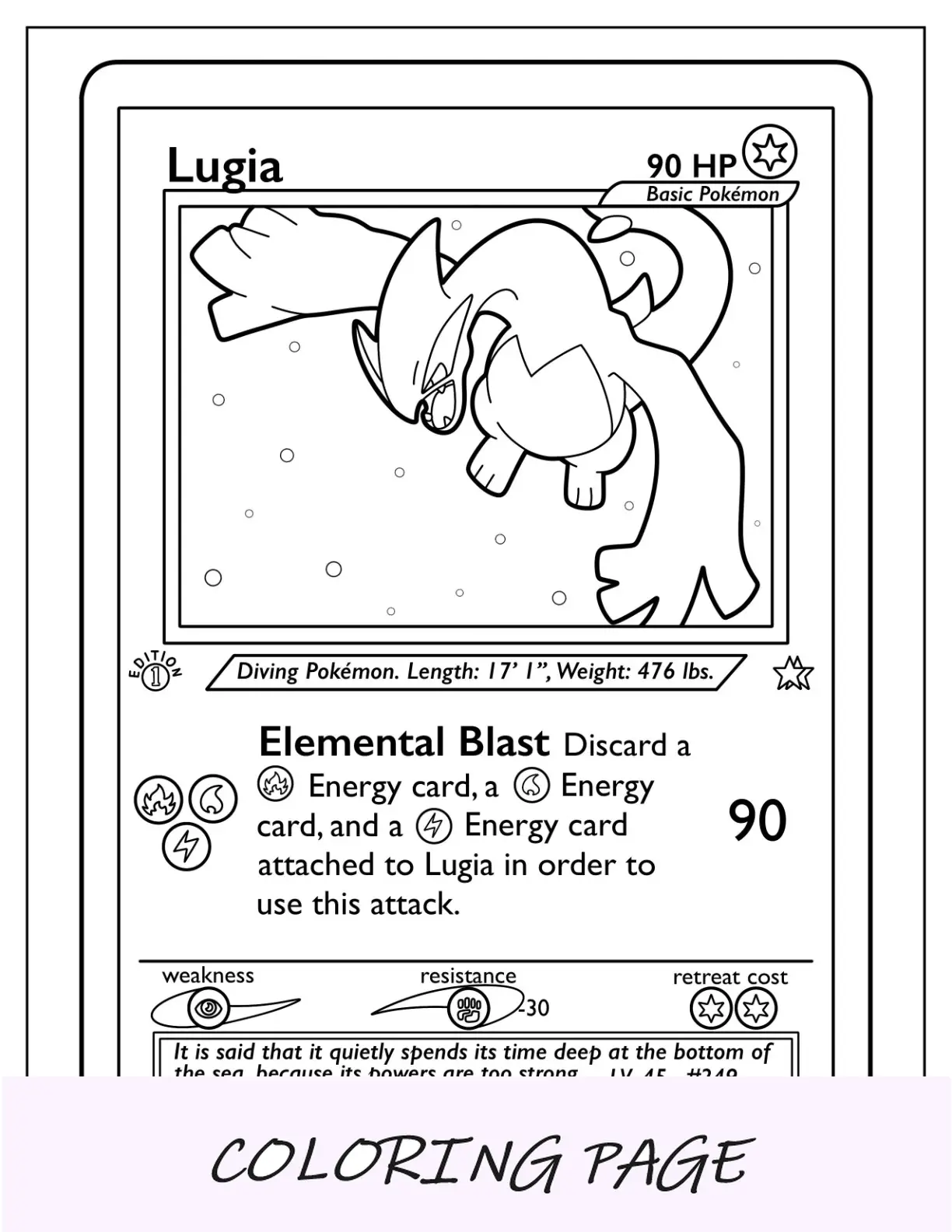 Página para colorir de cartas Pokémon Lugia Elemental Blast