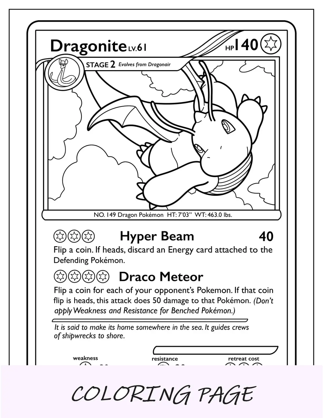 Página para colorir de cartas Pokémon Dragonite Hyper Beam