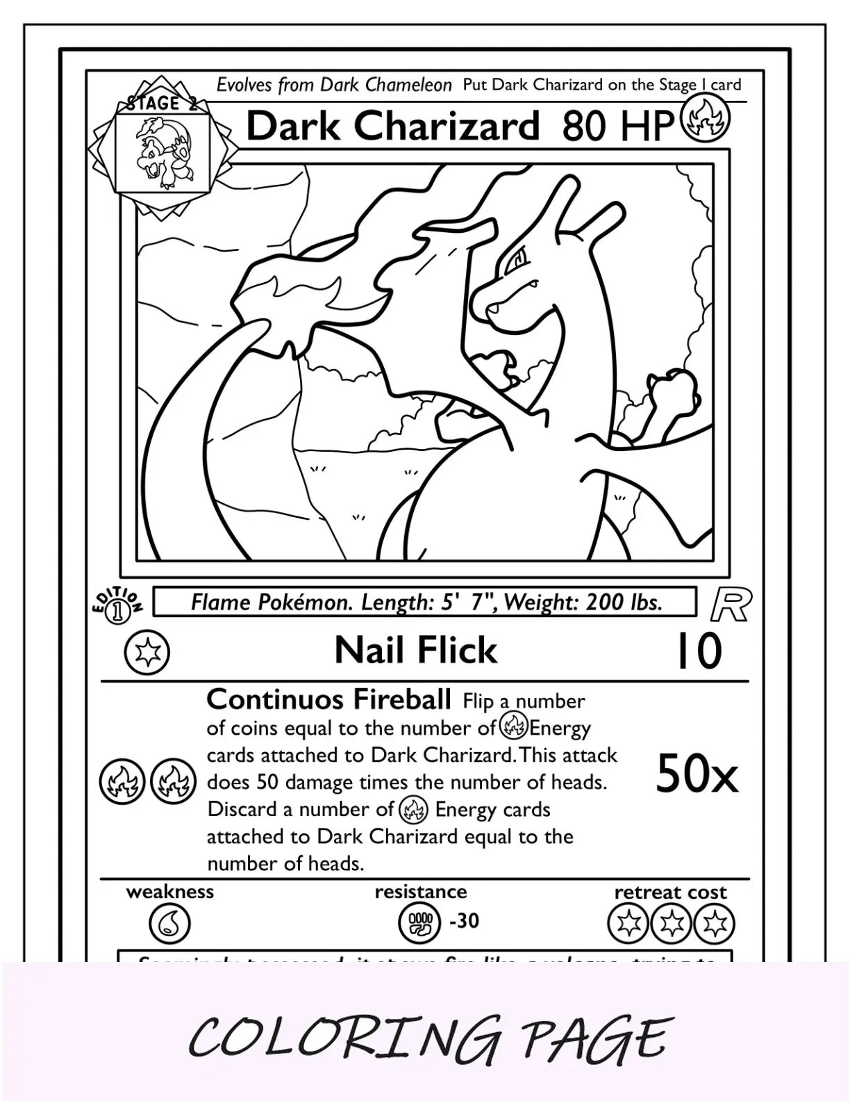 Página para colorir de cartas Pokémon Dark Charizard Nail Flick