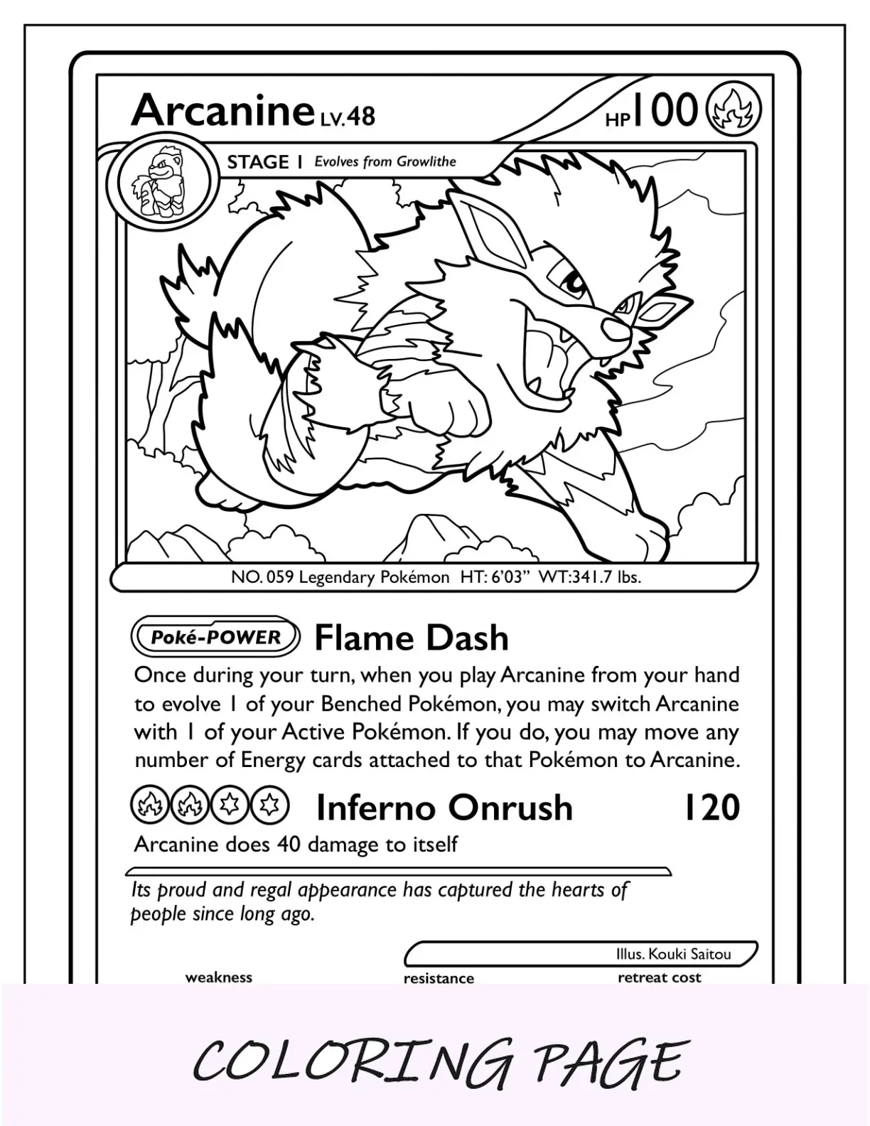Página para colorir de cartas Pokémon Arcanine Flame Dash