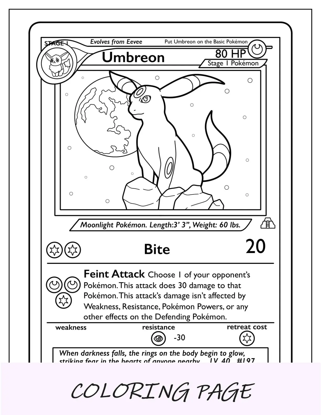Página para colorir de cartas Pokémon Umbreon Bite