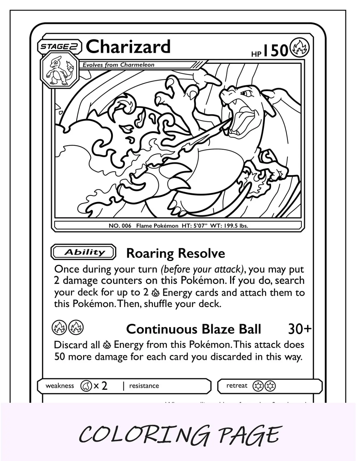 Página para colorir de cartas Pokémon Charizard Continuous Blaze Ball