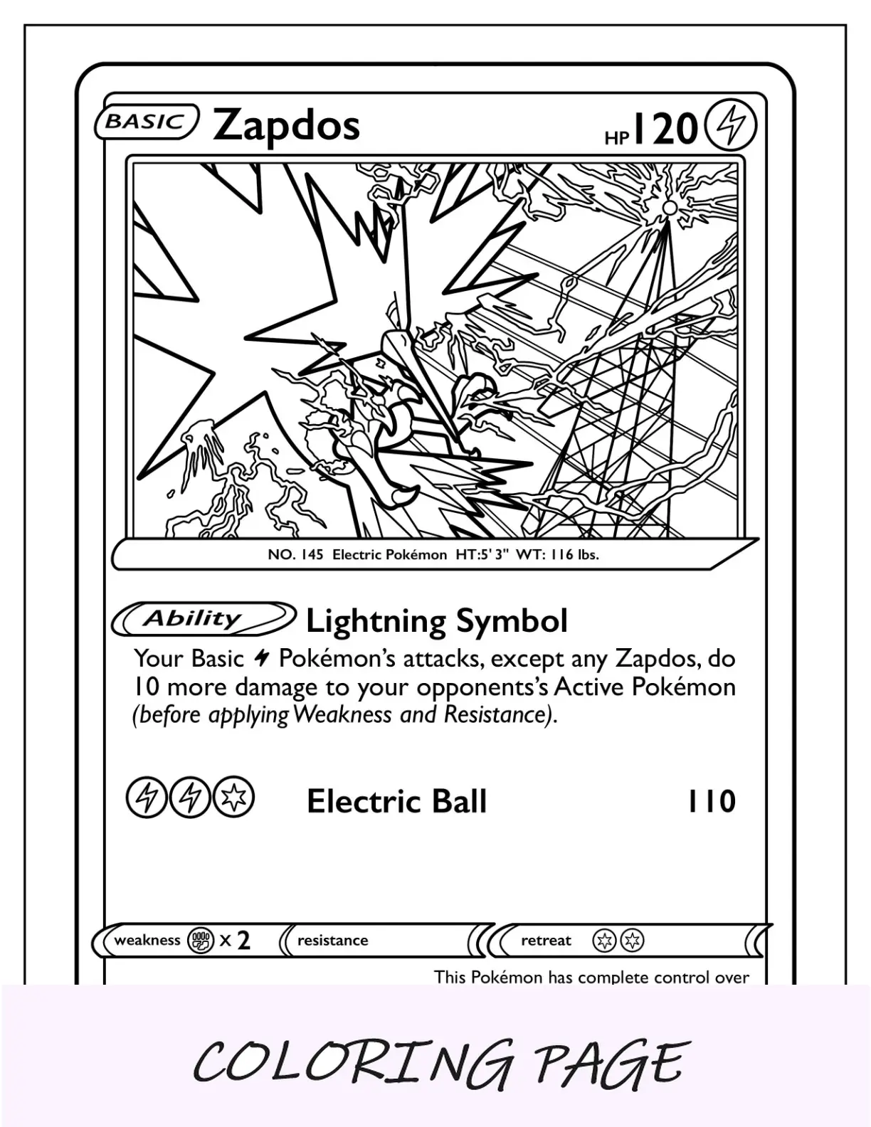 Página para colorir de cartão Pokémon Zapdos Lightning Symbol