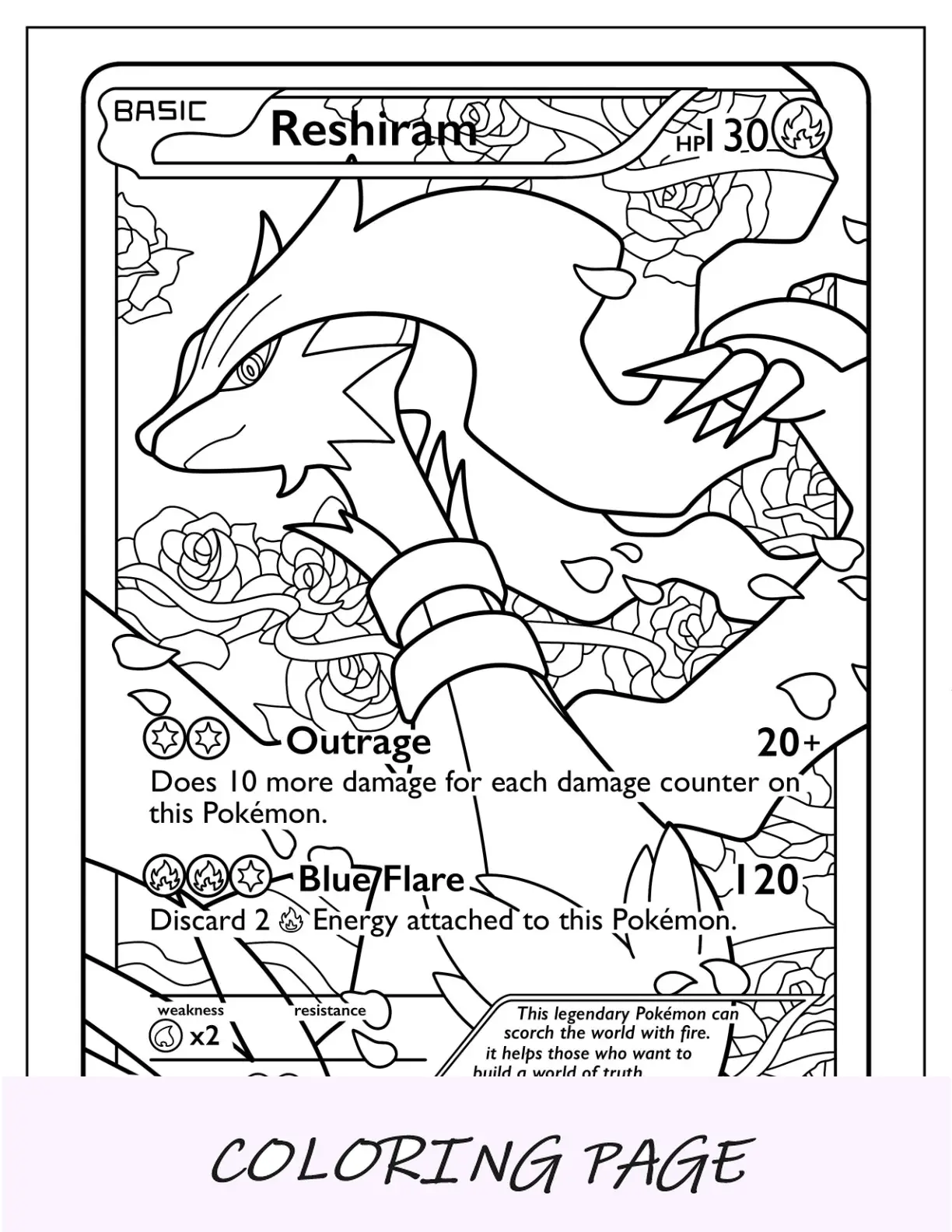 Página para colorir de cartas Pokémon Reshiram Outrage