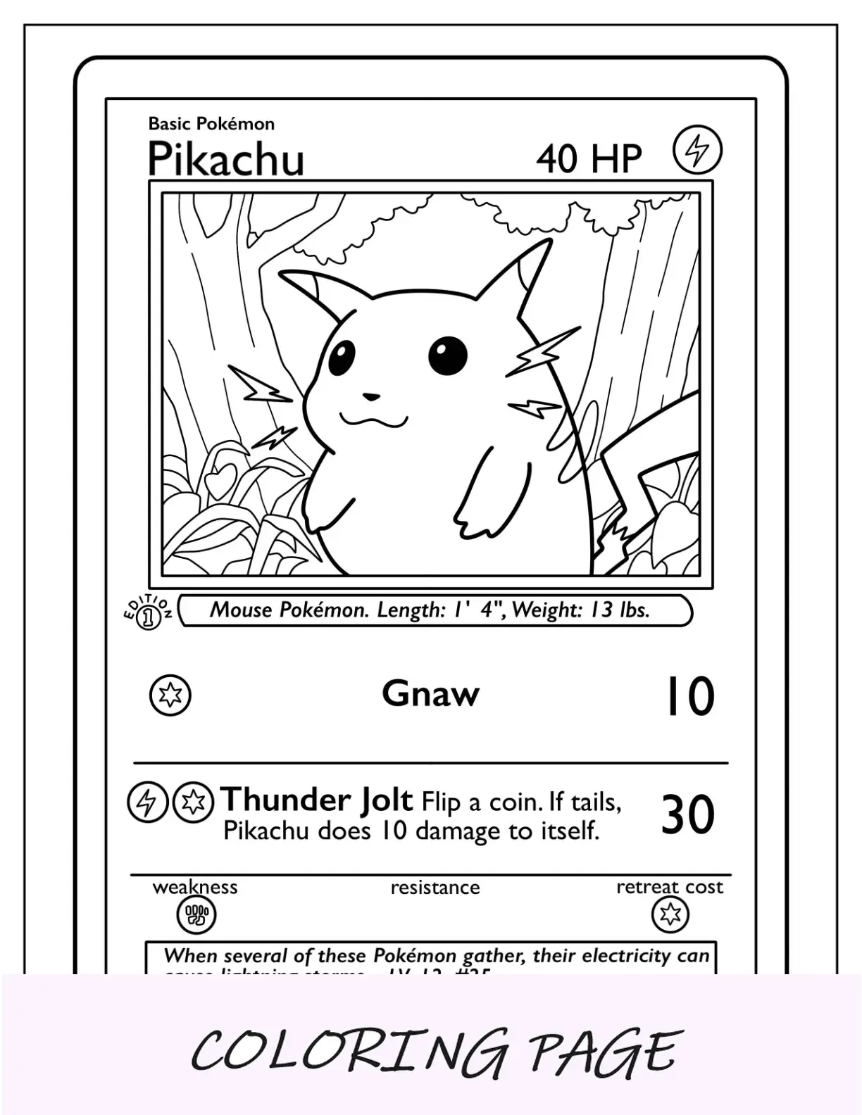 Página para colorir de cartas Pokémon Pikachu Thunder Jolt