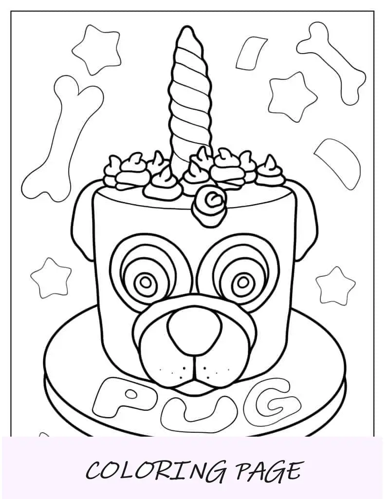Pastel De Cumpleaños Con Tema De Pug Unicornio Para Colorear