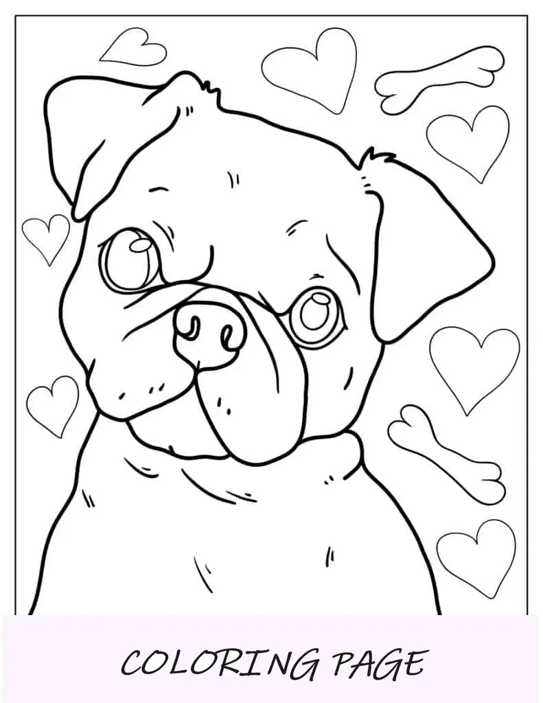 Página para colorear de Pug bebé con huesos y corazones