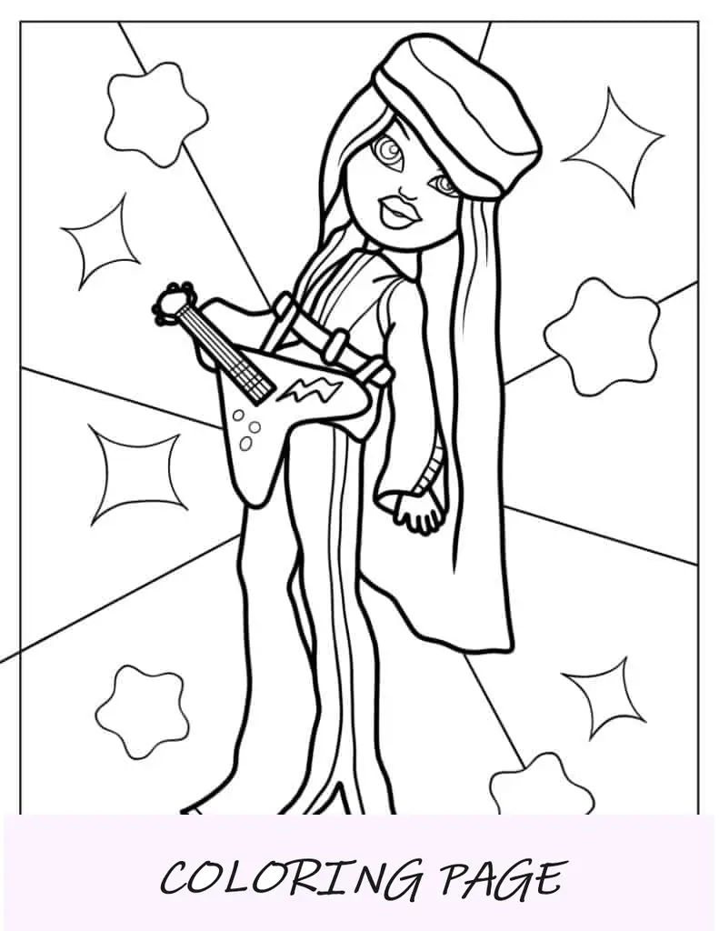 Página para colorir da Rockstar Yasmin com guitarra