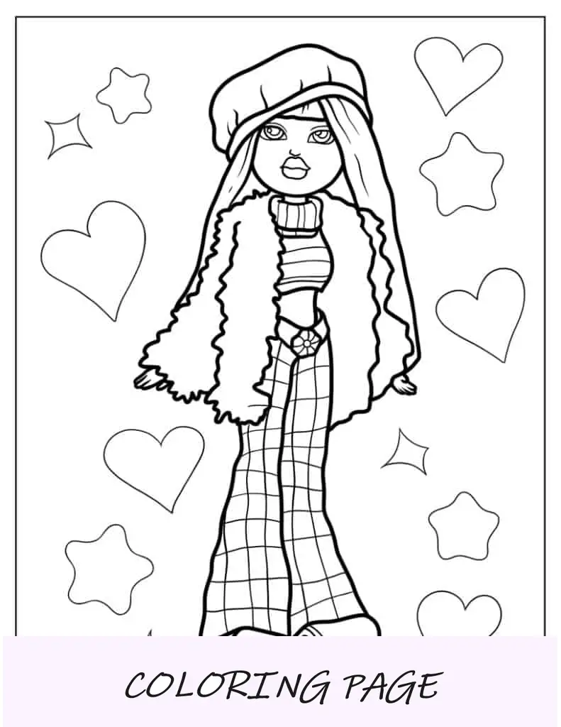 Página para colorir de Bratz Meygan com casaco de pele
