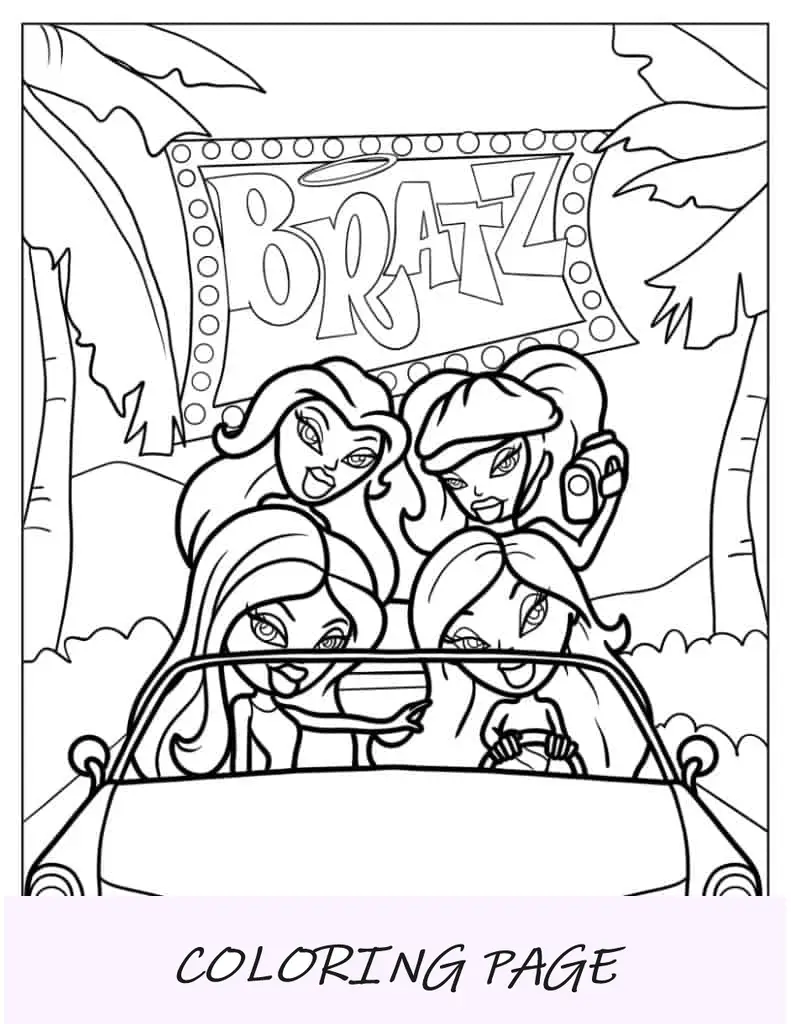 Folha para colorir de carro de passeio de bonecas Bratz