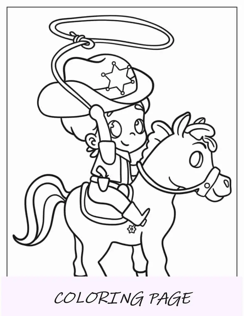 Cowboy e cavalo detalhados no deserto para colorir