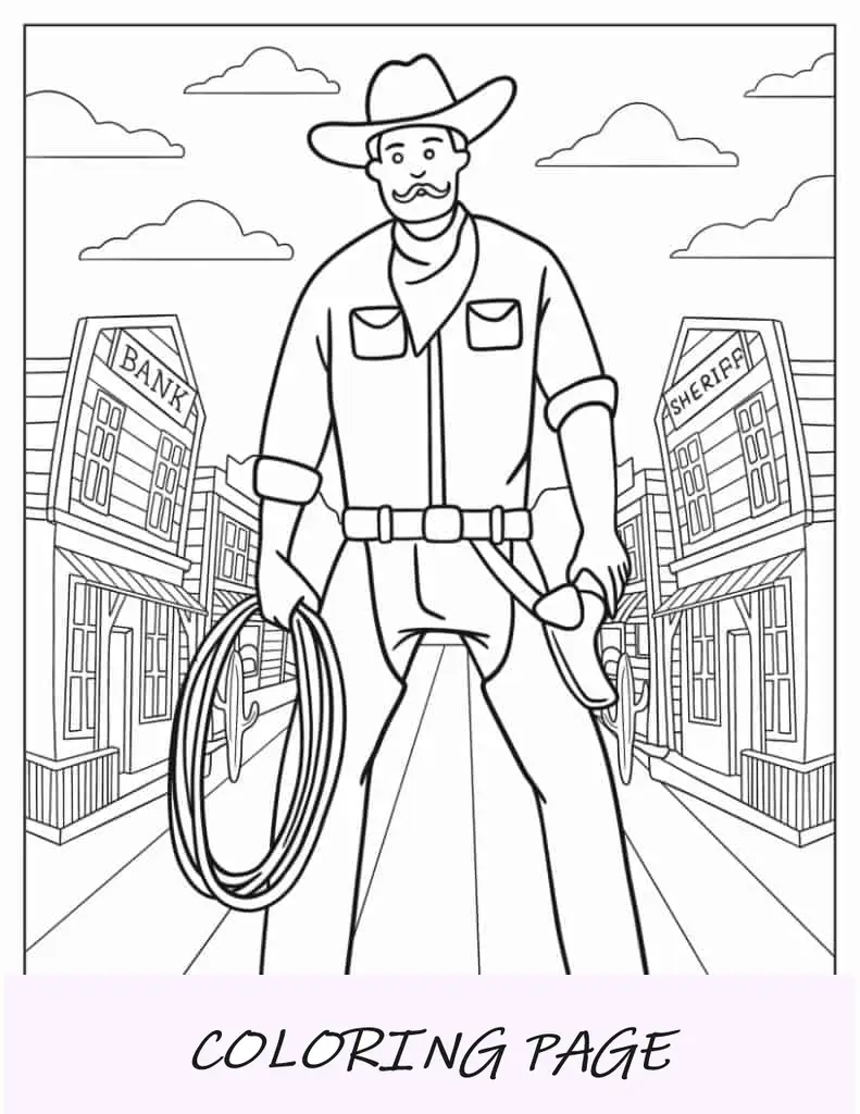 Página para colorir de cowboy realista com arma no salão