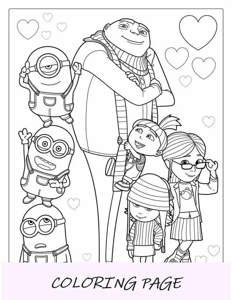 Gru com Minions e meninas adotivas para colorir