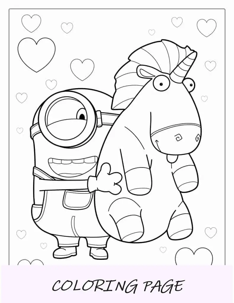 Folha para colorir de unicórnio de brinquedo segurando Minion