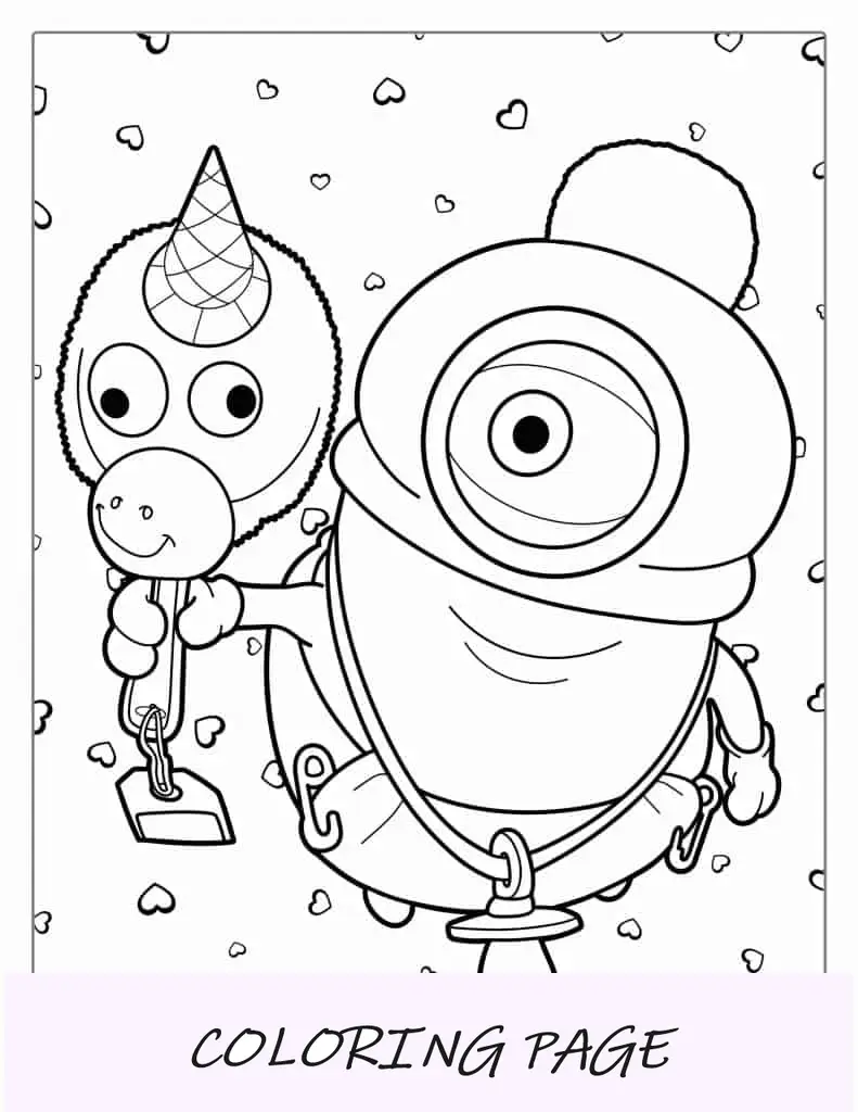 Minion Stuart vestido de bebê segurando um brinquedo de unicórnio