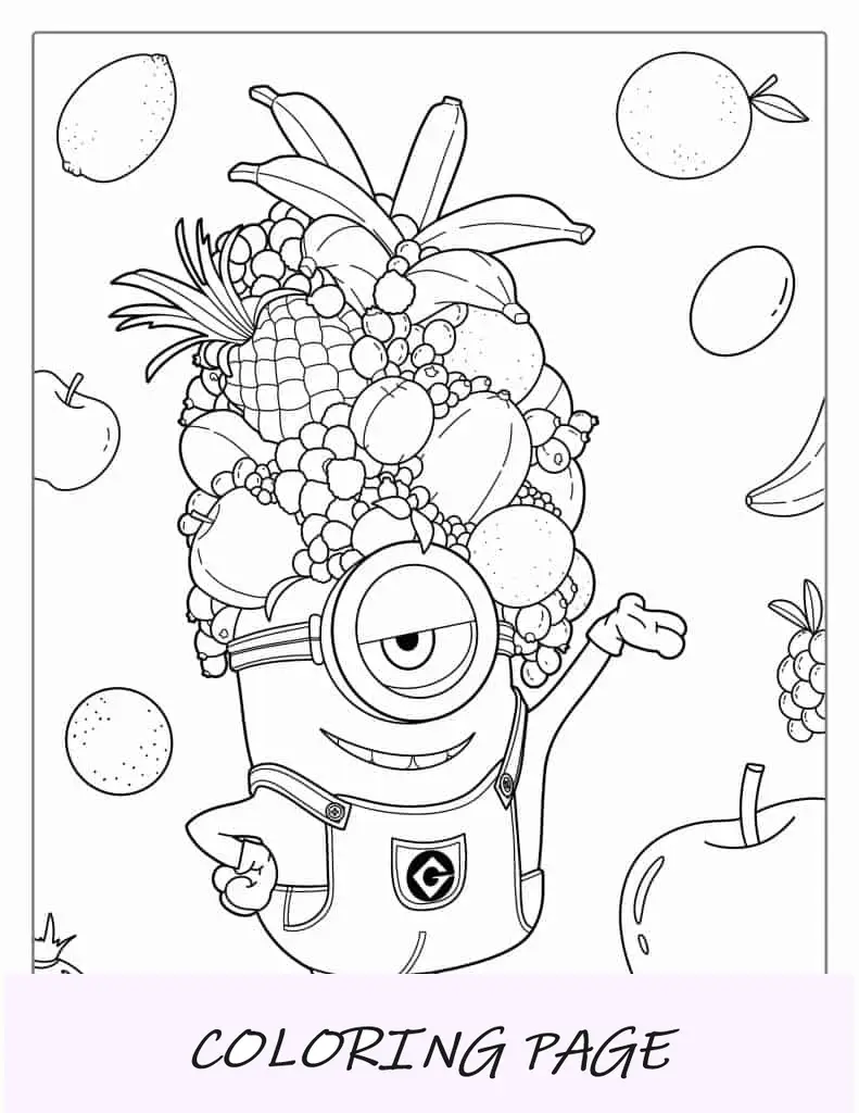 Minion Stuart com chapéu de frutas para colorir