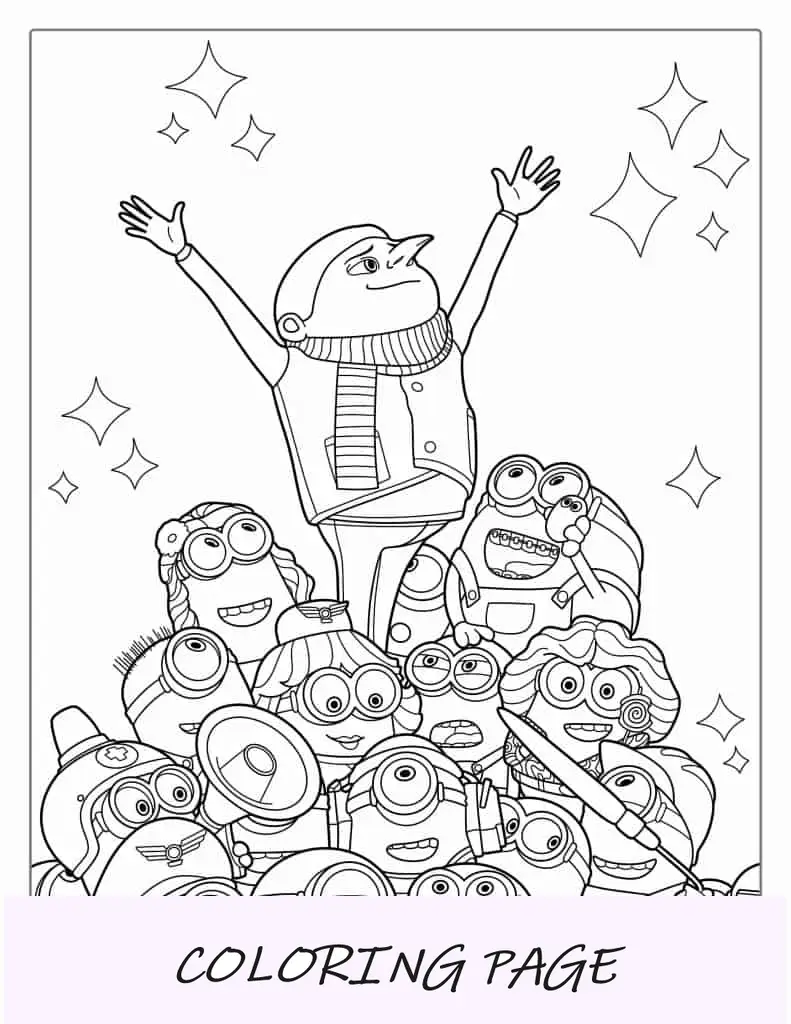 Imagem para colorir jovem Gru com Minions