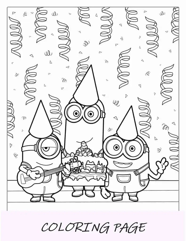 Página para colorir de Minions para uma festa de aniversário