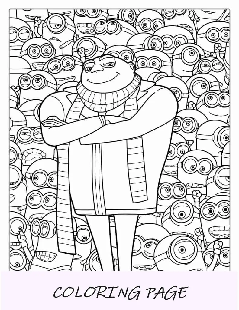 Página para colorir detalhada de Gru com Minions para adultos