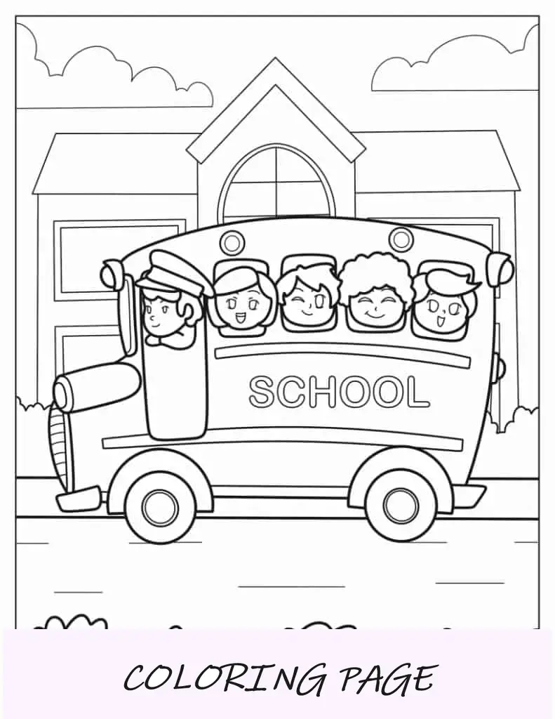 Ônibus escolar de desenho animado com alunos e motorista