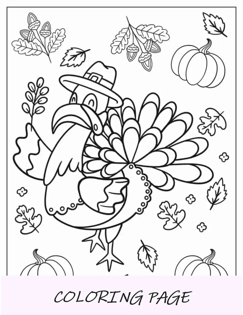 Pagina da colorare di tacchino carino che tiene la foglia autunnale