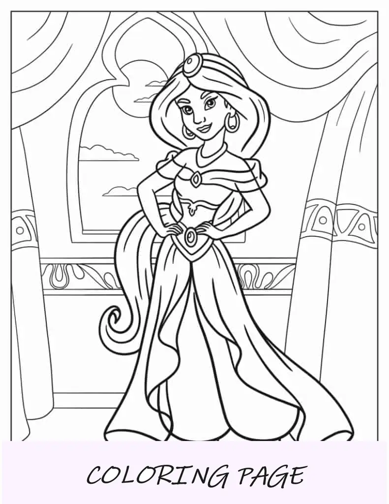 Página para colorir da princesa Jasmine para crianças