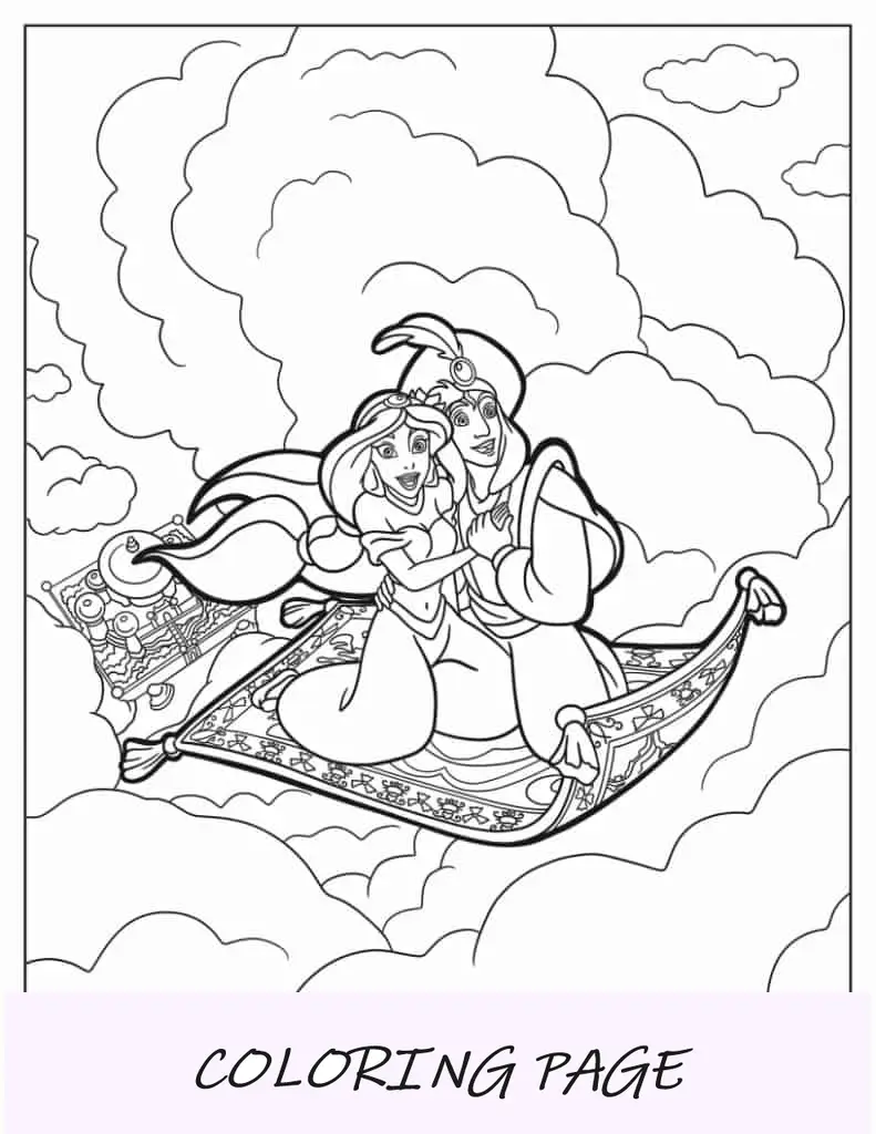 Jasmine e Aladdin voando pelas nuvens