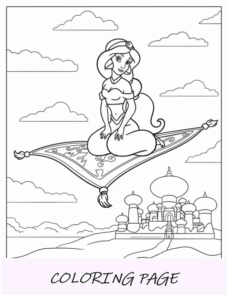 Folha para colorir de jasmim no tapete mágico