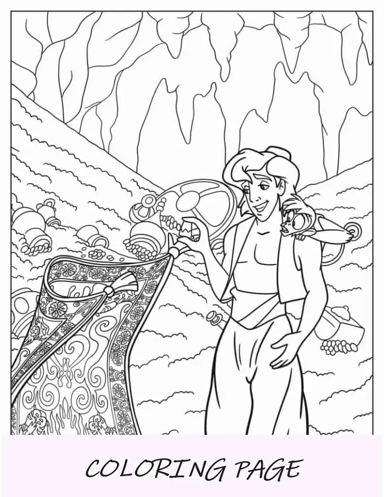 Aladdin cercado por um tesouro para colorir