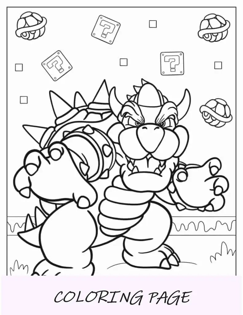 Página para colorir de Bowser com cascas de tartaruga