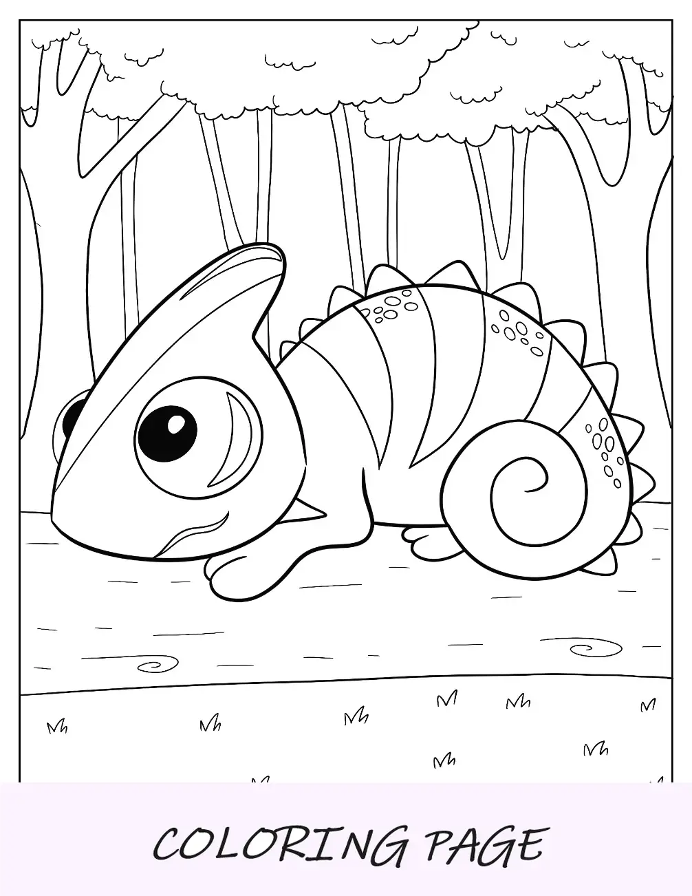 Chibi-Chamäleon-Malseite, die auf einem Baumstamm sitzt, für Kinder