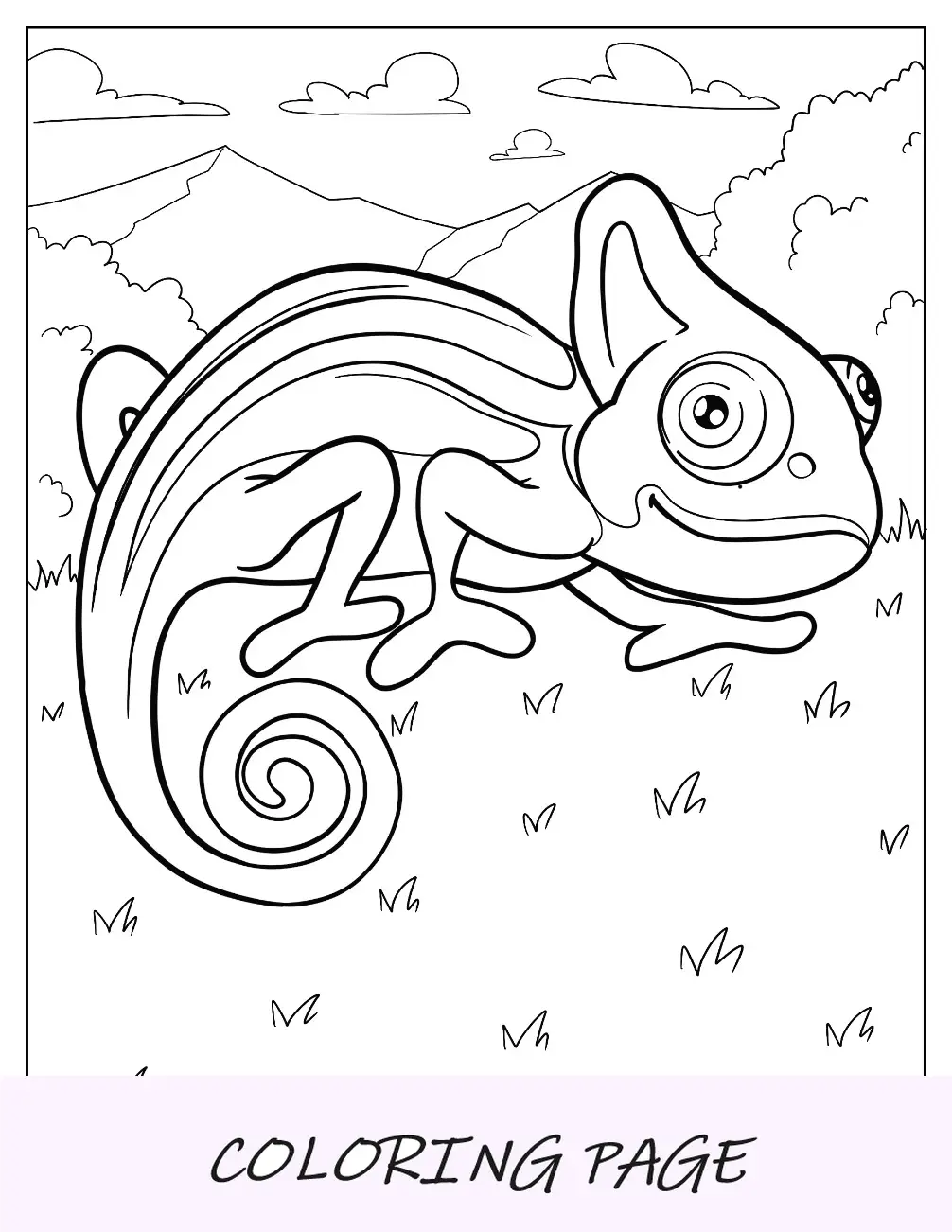 Einfache Cartoon-Chamäleon-Malseite, die auf Gras kriecht